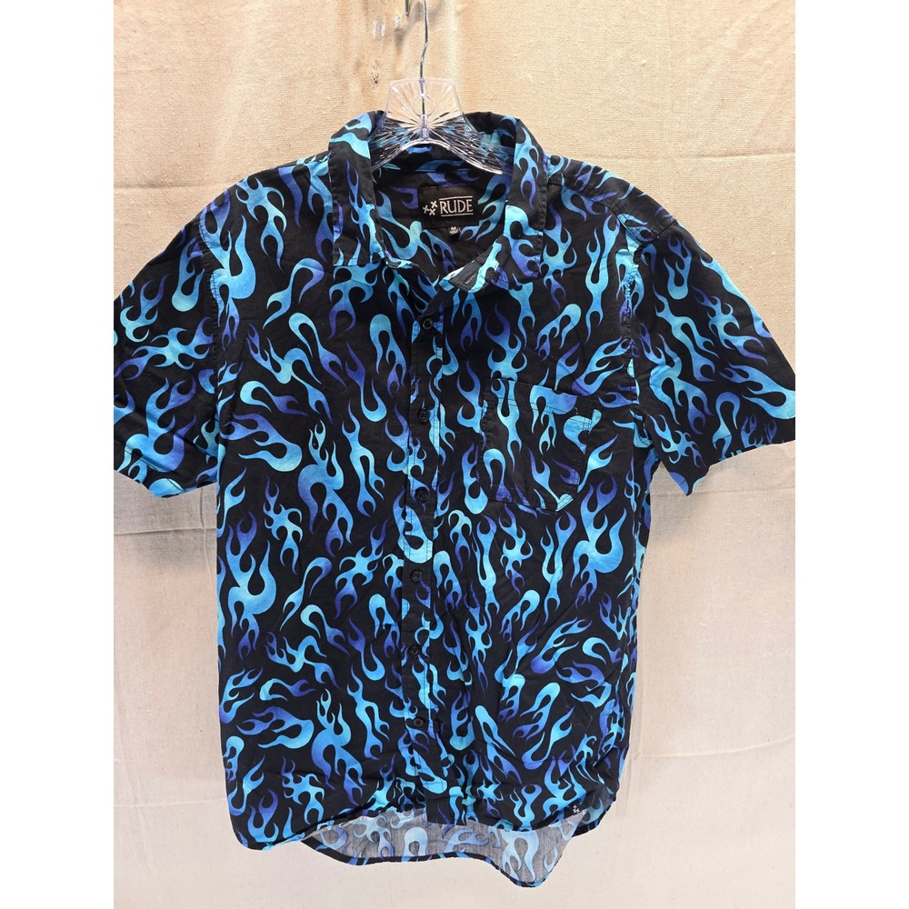 Rude Mens Blue Flame Print Short Sleeve Button Down Shirt Black Size M‎ Y2K